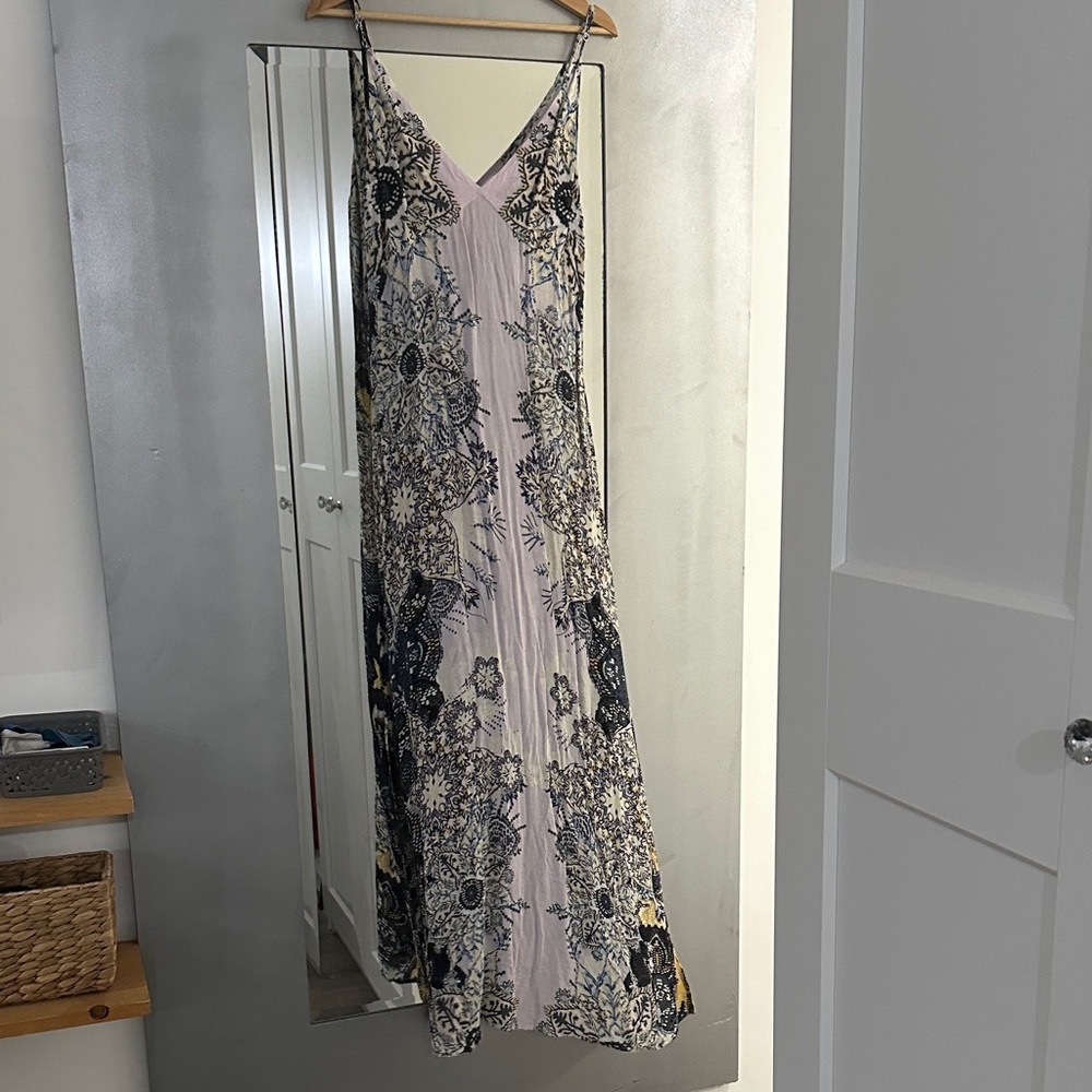 Free People Pastel Pink Floral Slip Dress with Navy Accents